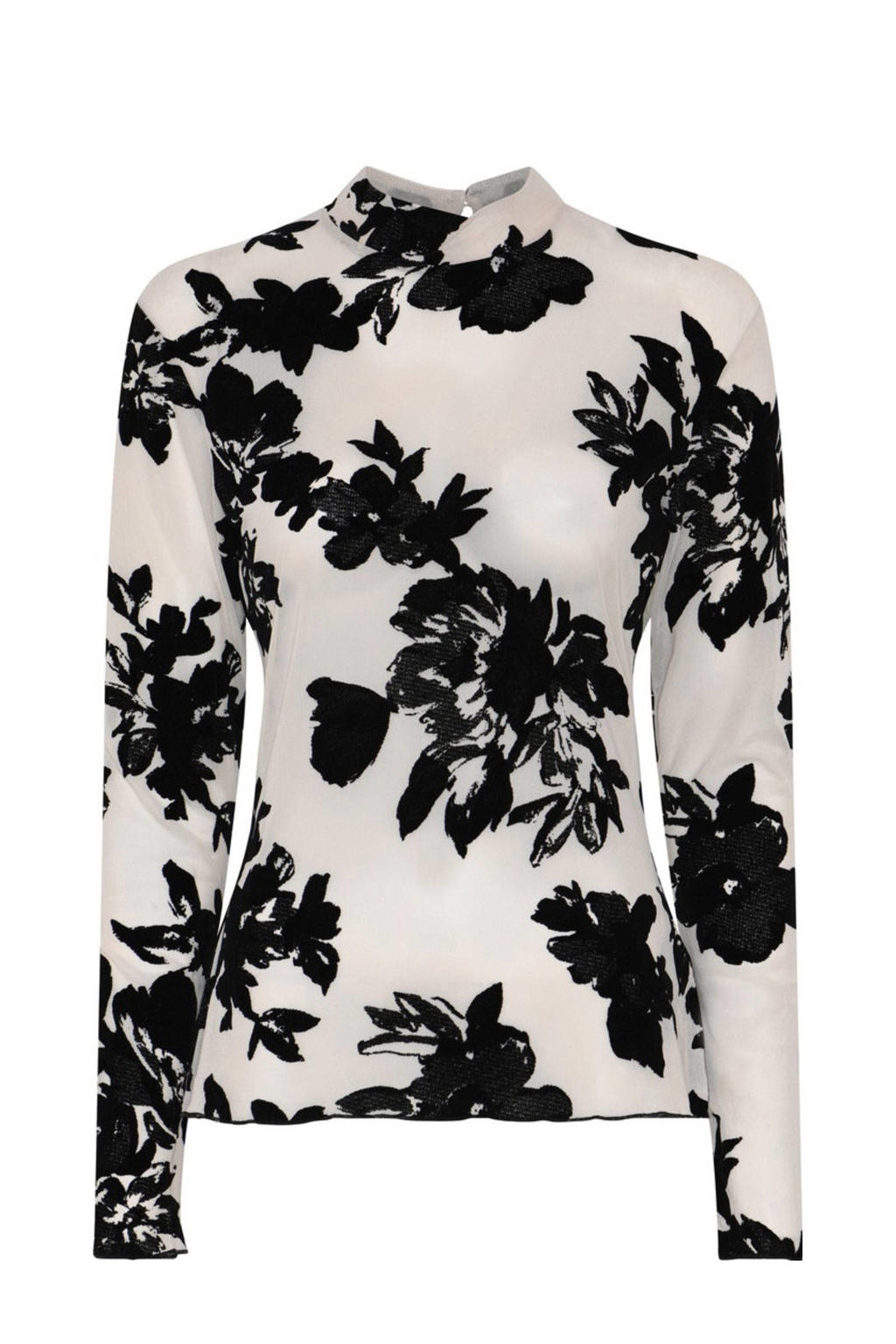 Ecru en zwarte dames Bruuns Bazaar gebloemde top van polyester met lange mouwen en ronde hals