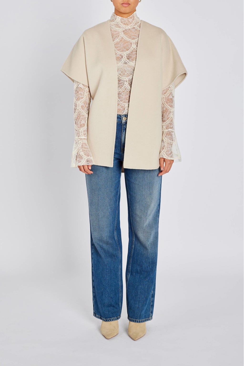 Beige dames Bruuns Bazaar gilet van wol met effen, lange mouwen en reverskraag