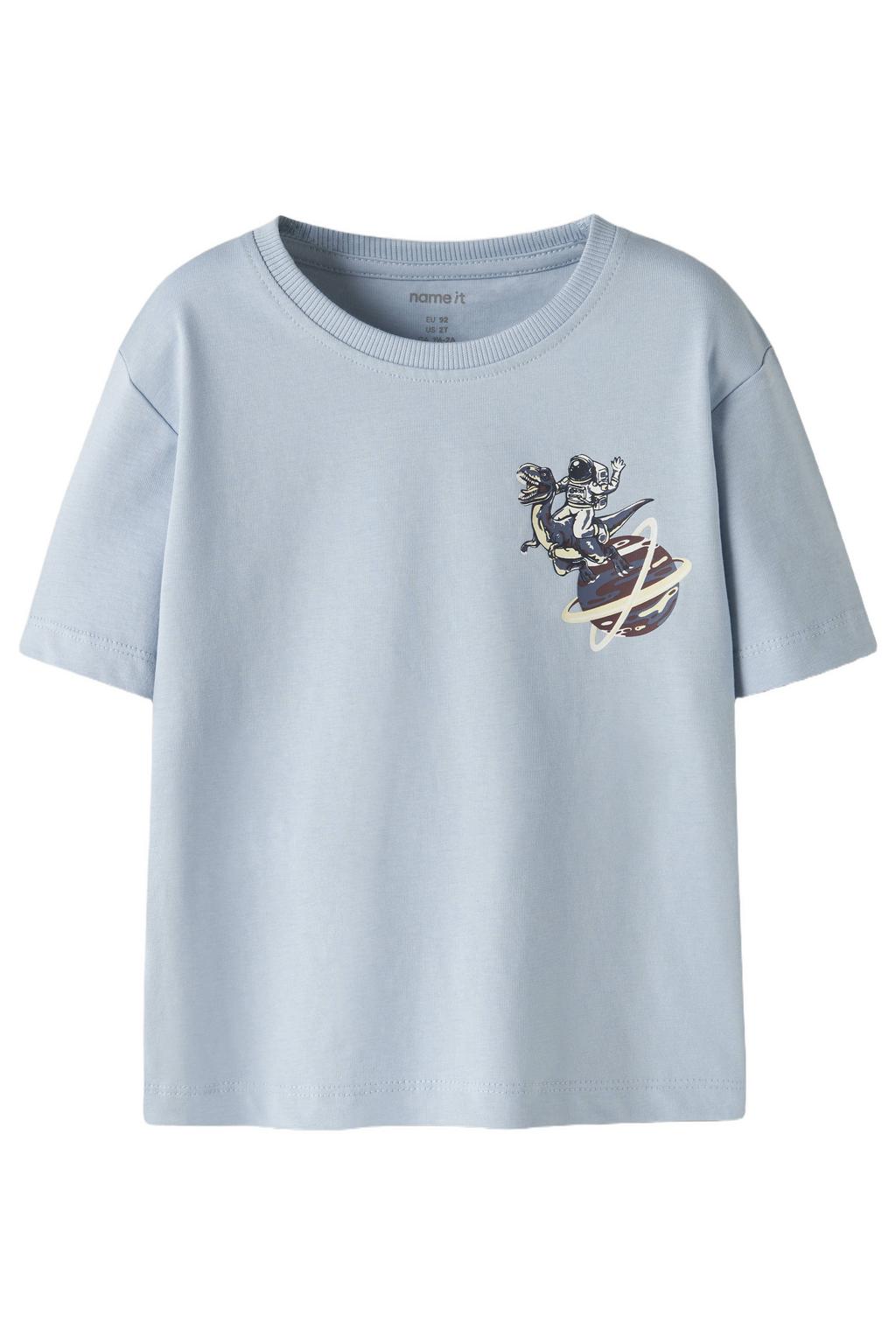 Lichtblauwe jongens NAME IT MINI T-shirt van katoen met printopdruk, korte mouwen en ronde hals