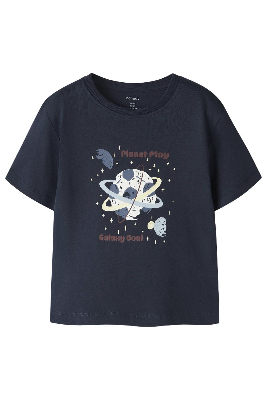 Donkerblauw en witte jongens NAME IT MINI T-shirt van katoen met printopdruk, korte mouwen en ronde hals