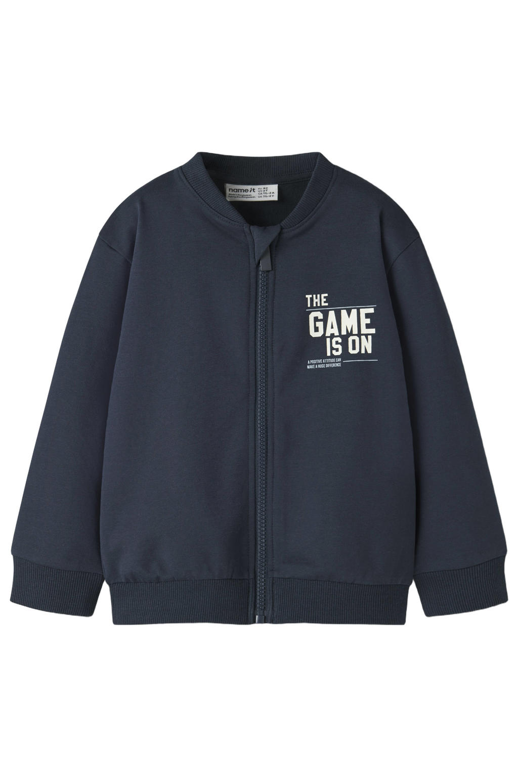 Donkerblauwe jongens NAME IT MINI sweatvest met backprint, lange mouwen, ronde hals, ritssluiting en geribde boorden
