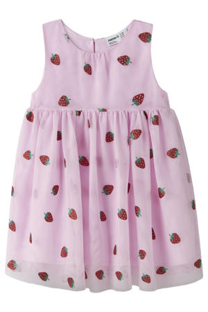 mouwloze tule jurk met aardbeien roze