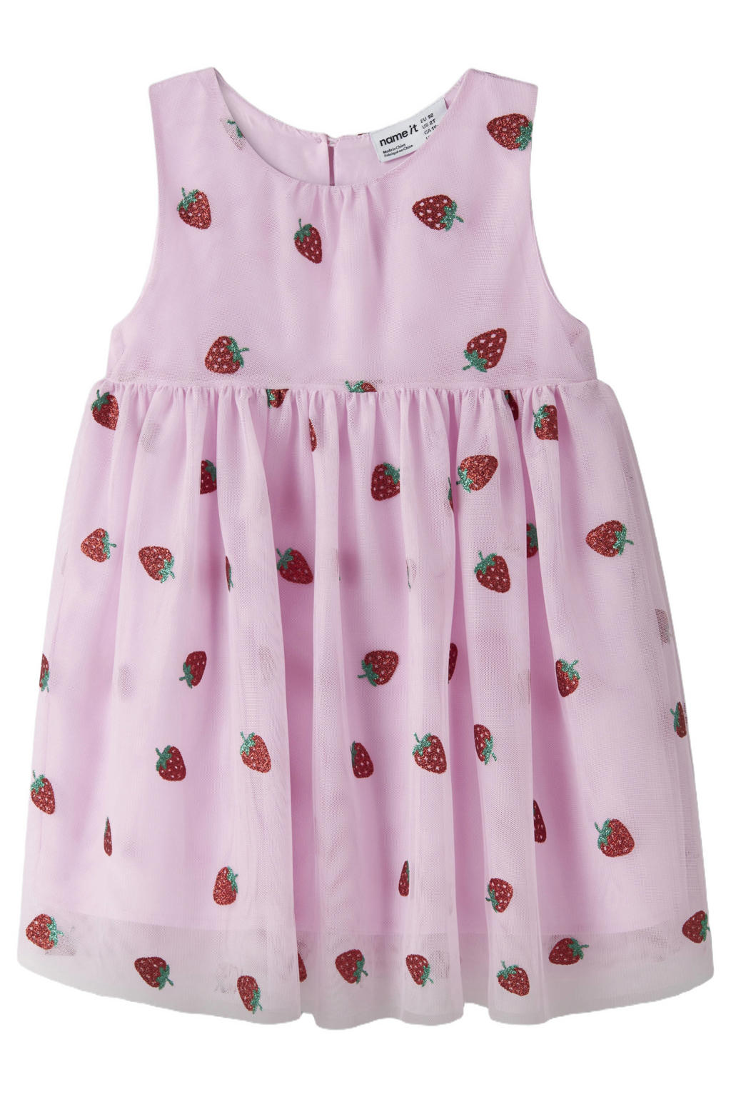Roze en rode meisjes NAME IT MINI mouwloze tule jurk van polyester met ronde hals en knoopsluiting