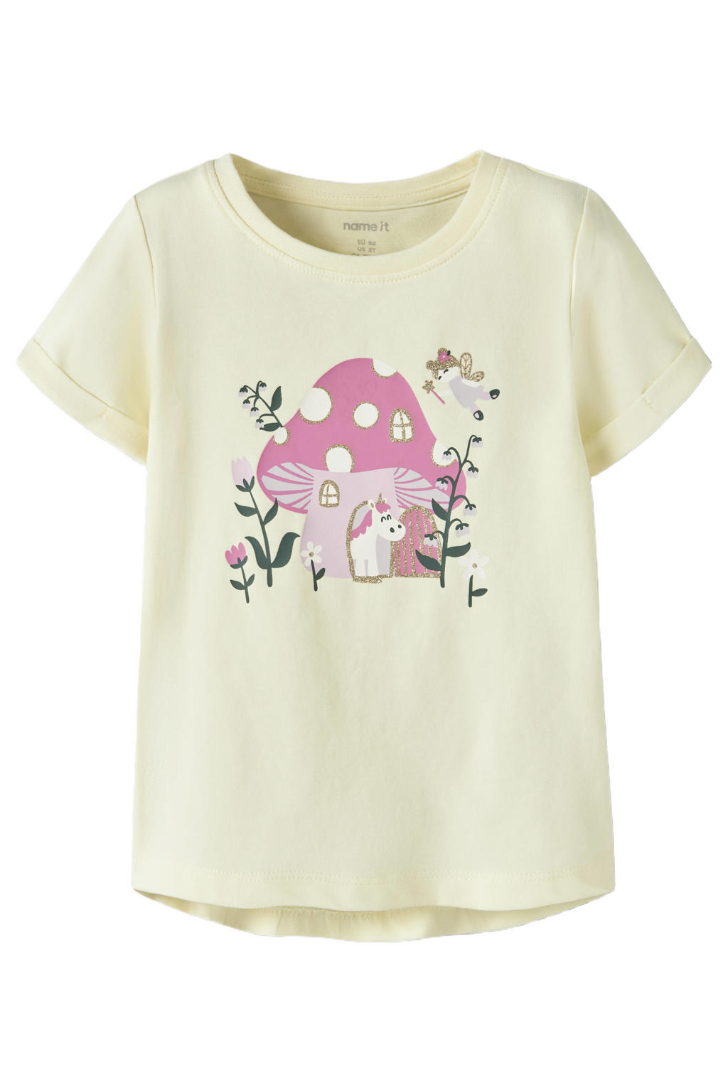 Lichtgele meisjes NAME IT MINI T-shirt van stretchkatoen met printopdruk, korte mouwen en ronde hals