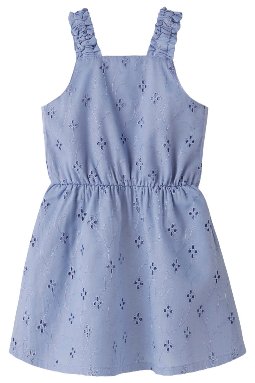 Paarse meisjes NAME IT MINI zomerjurk broderie van polyester met vierkante hals en elastische tailleband