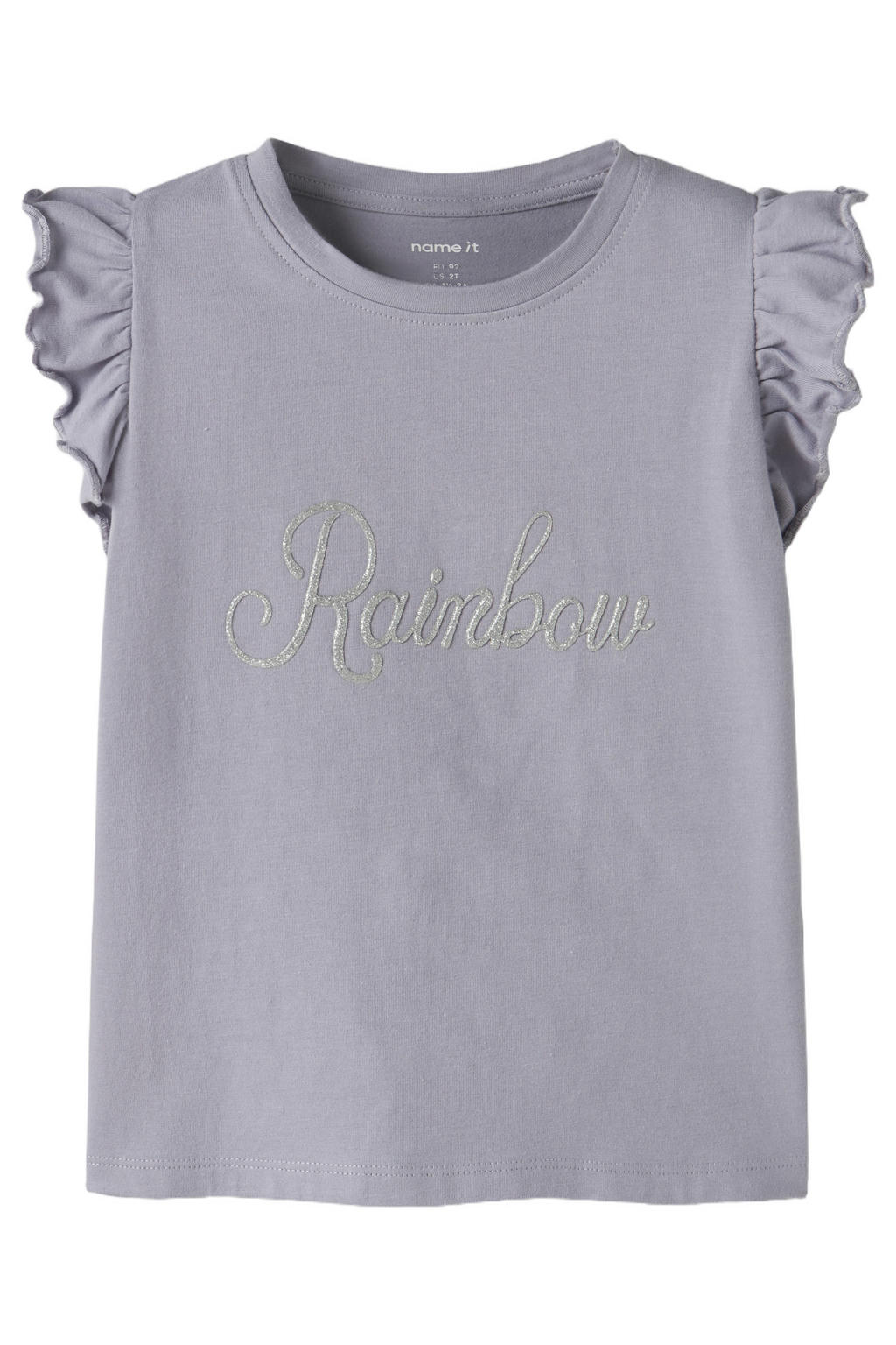 Paarse meisjes NAME IT MINI T-shirt van stretchkatoen met tekst print, korte mouwen, ronde hals en ruches