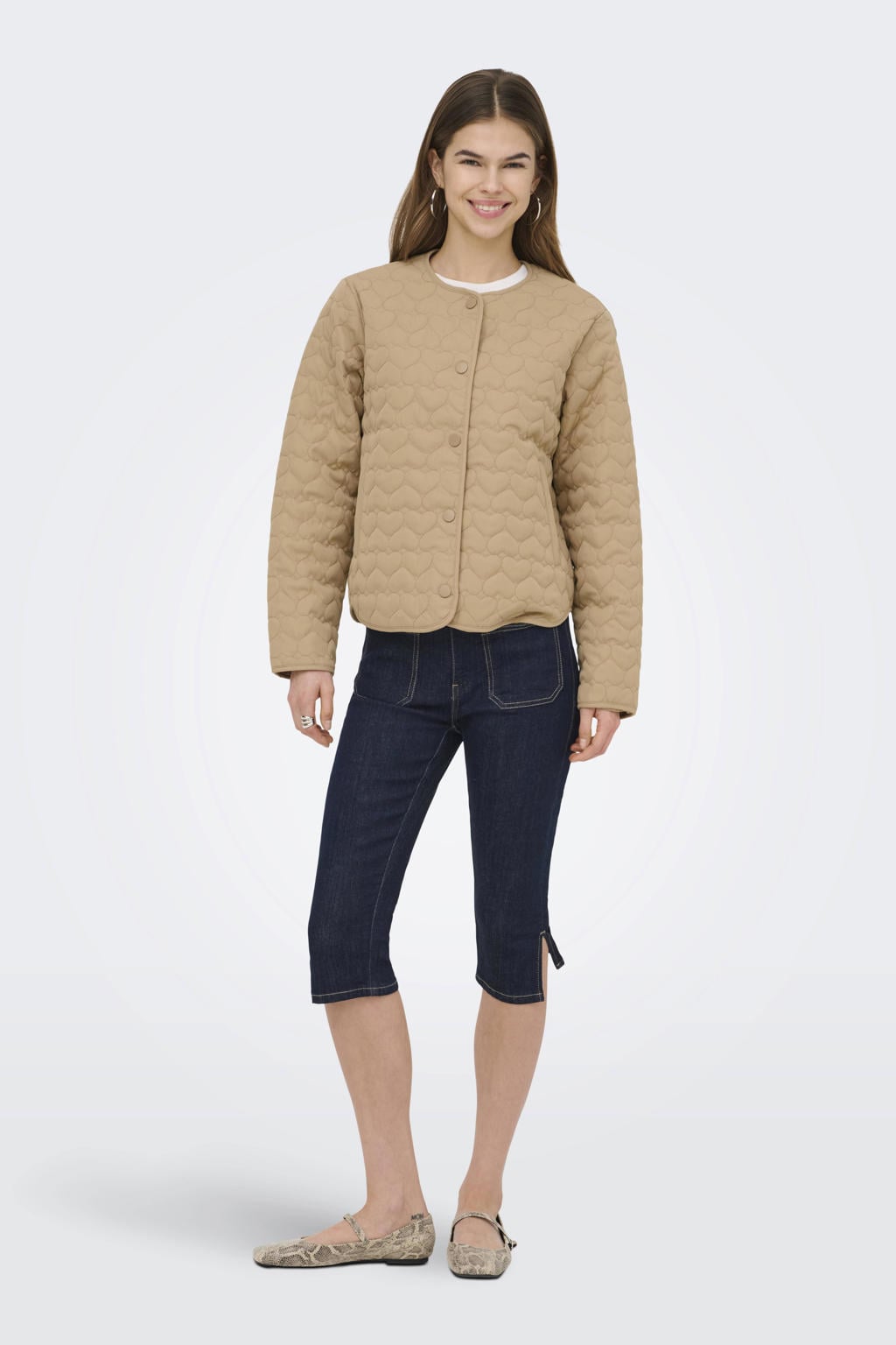 Lichtbruine dames ONLY jasje quilted van polyester met effen, lange mouwen, ronde hals en knoopsluiting