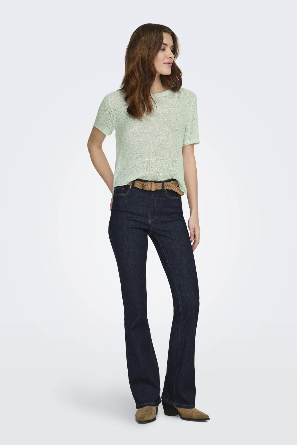 Lichtgroene dames ONLY top gebreid van acryl met effen, korte mouwen en ronde hals