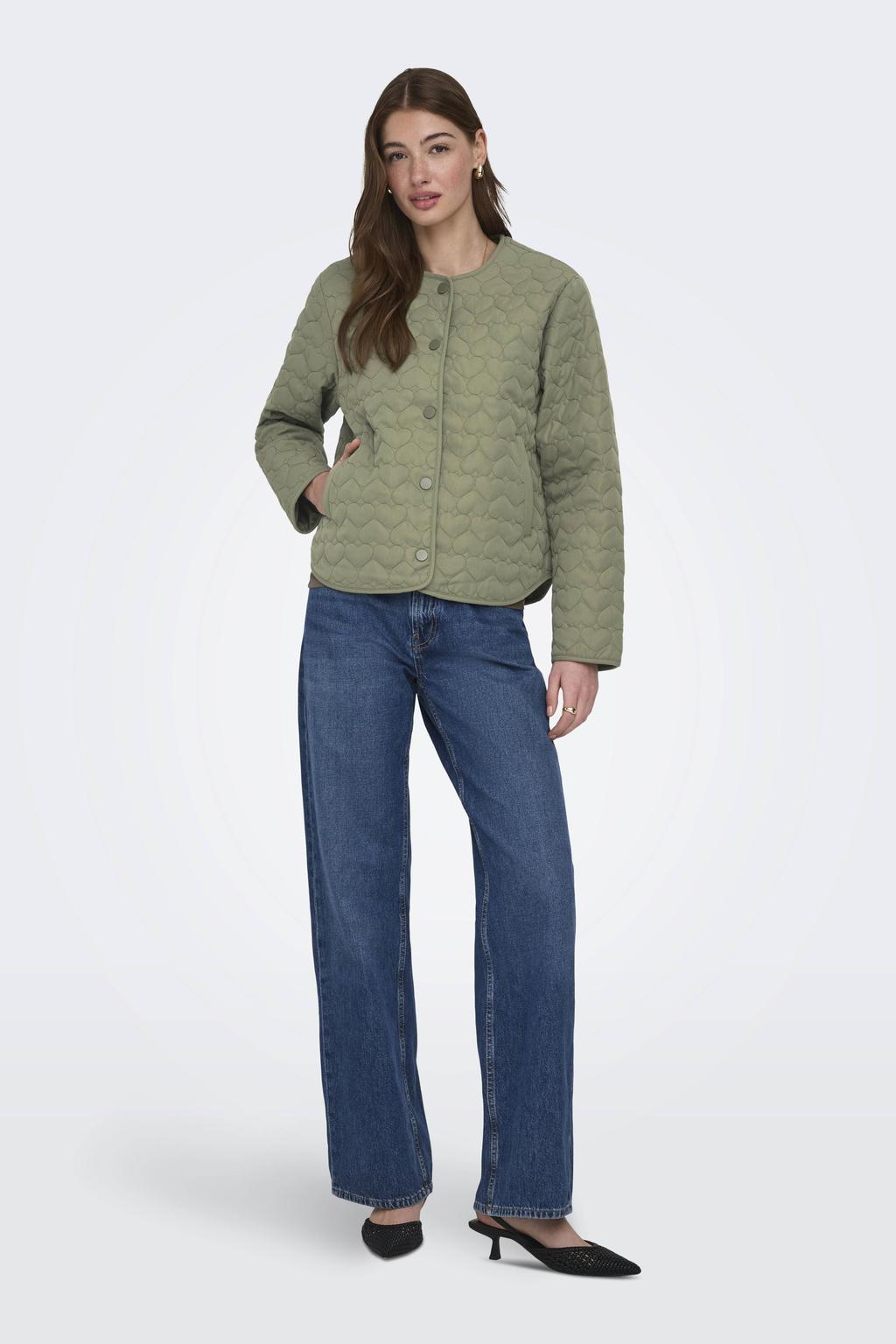 Groene dames ONLY jasje quilted van polyester met effen, lange mouwen, ronde hals en knoopsluiting