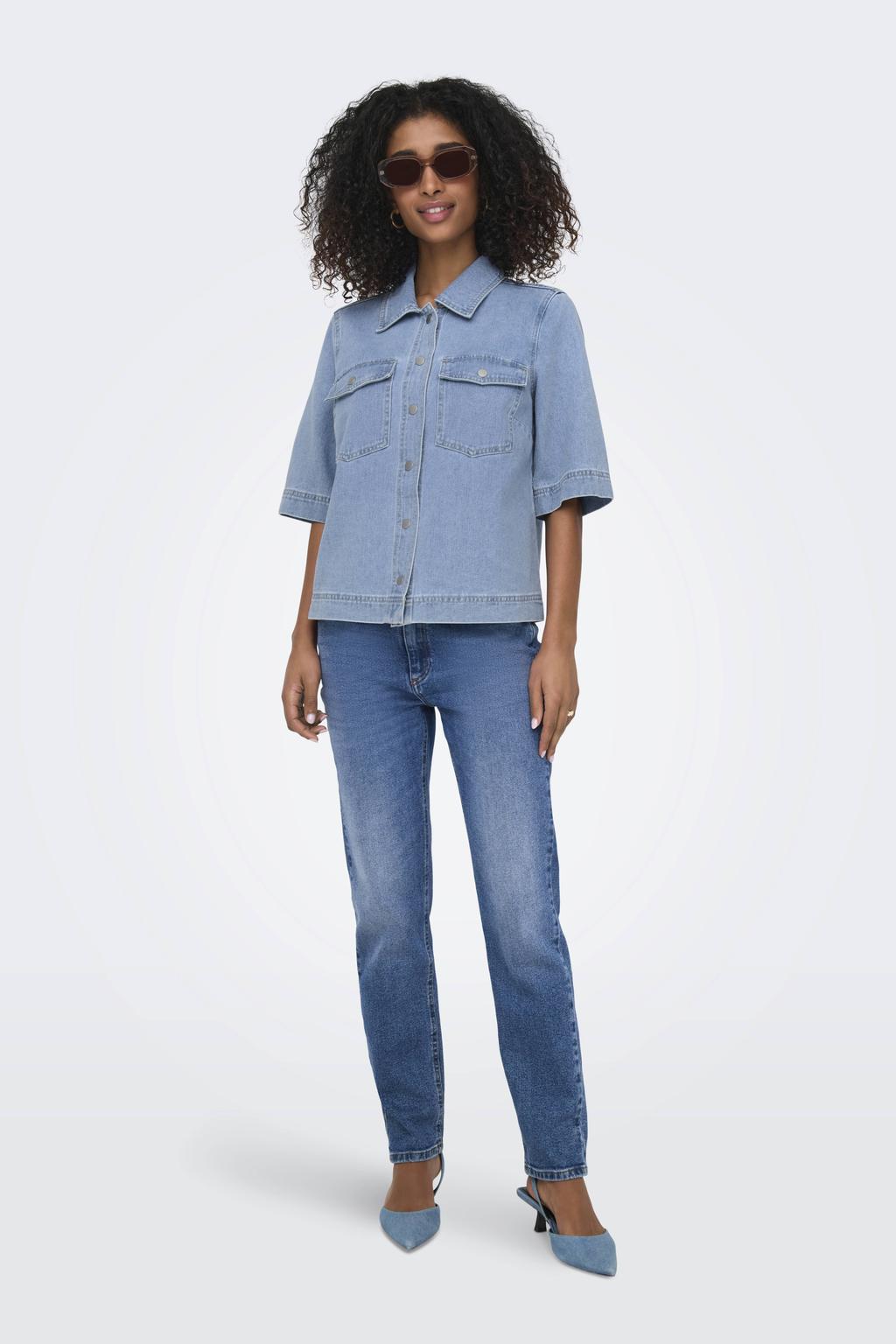 Light blue denim dames ONLY blouse van denim met effen, driekwart mouwen, klassieke kraag en knoopsluiting