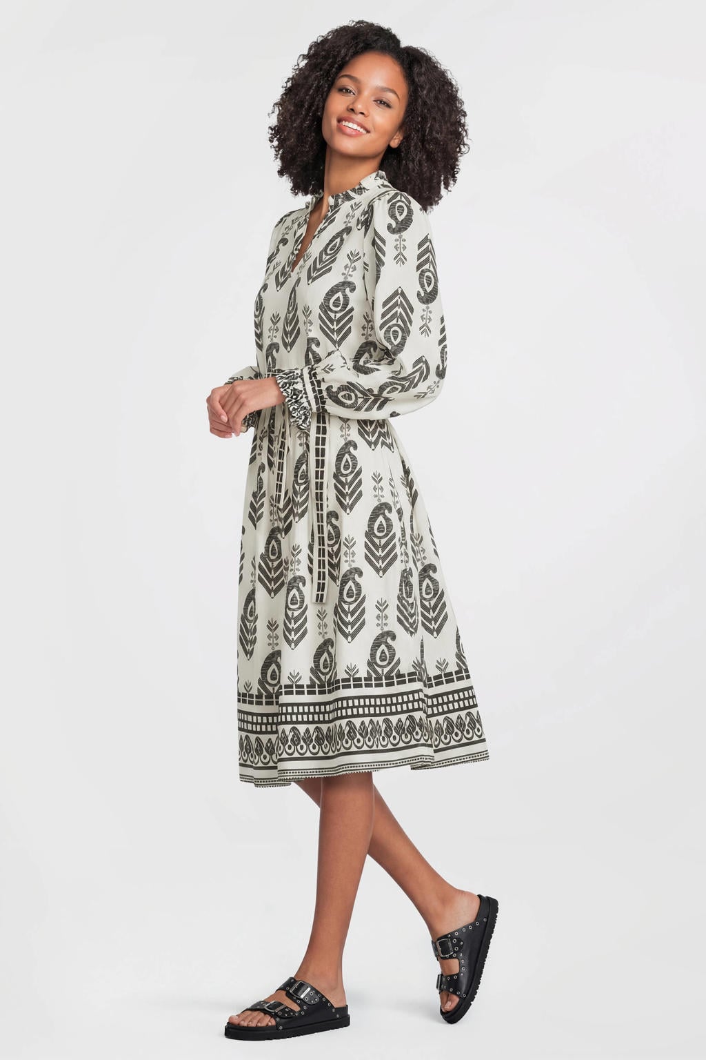 Zwart en witte dames Anytime midi jurk met all- van viscose met lange mouwen en V-hals
