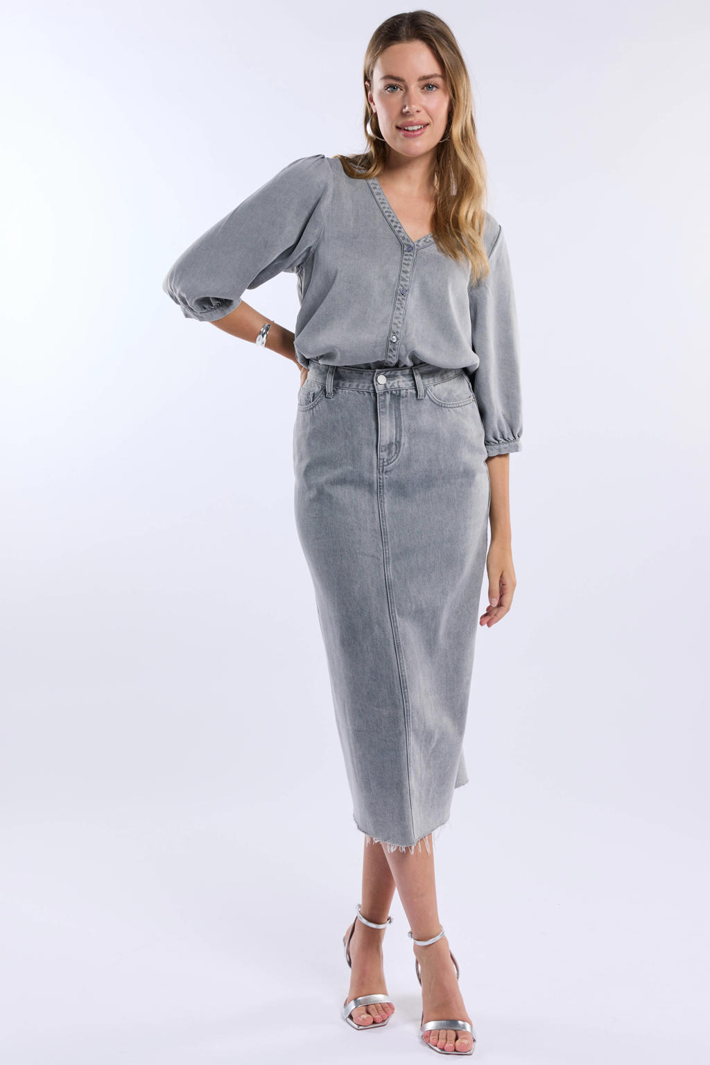 Grey denim dames Freebird blouse van lyocell met effen, half lange mouwen, klassieke kraag en knoopsluiting