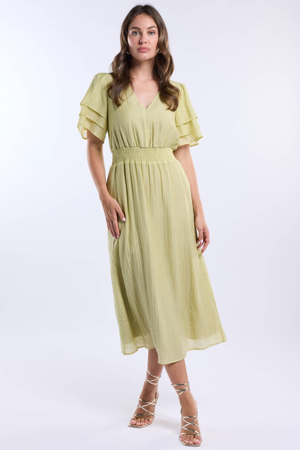 Lichtgroene dames Freebird zomerjurk van lyocell met effen, korte mouwen, V-hals en elastische tailleband