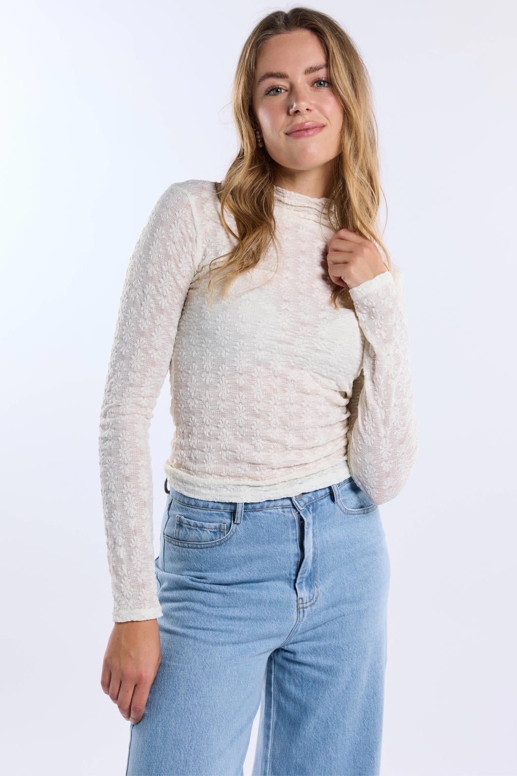 Crème dames Freebird gebloemde top met lange mouwen en col
