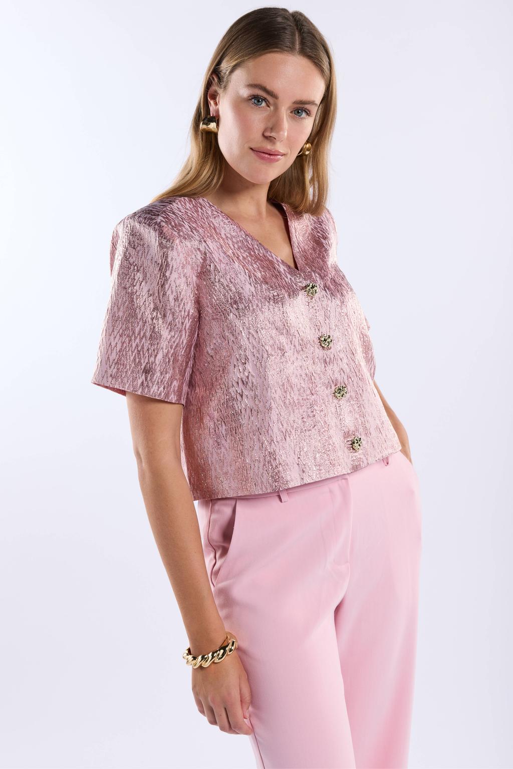 Roze dames Freebird jasje van polyester met effen, korte mouwen, V-hals en knoopsluiting