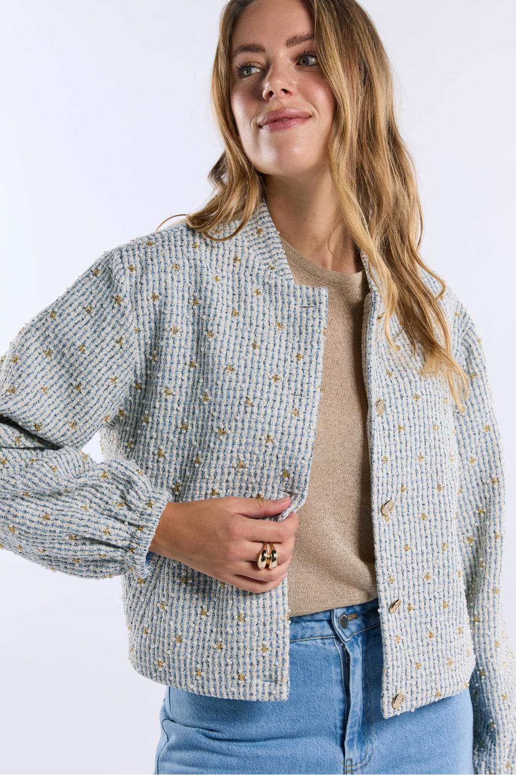 Crème dames Freebird bouclé jasje van polyester met effen, lange mouwen, ronde hals, knoopsluiting en kraaltjes