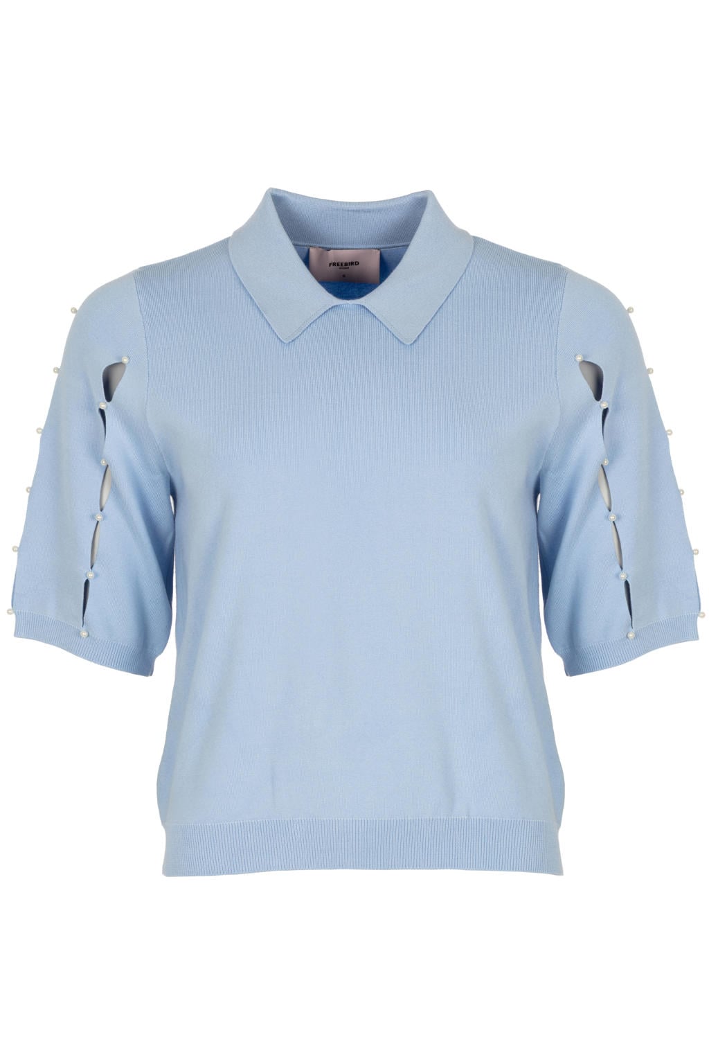 Blauwe dames Freebird top van viscose met effen, korte mouwen en polo kraag