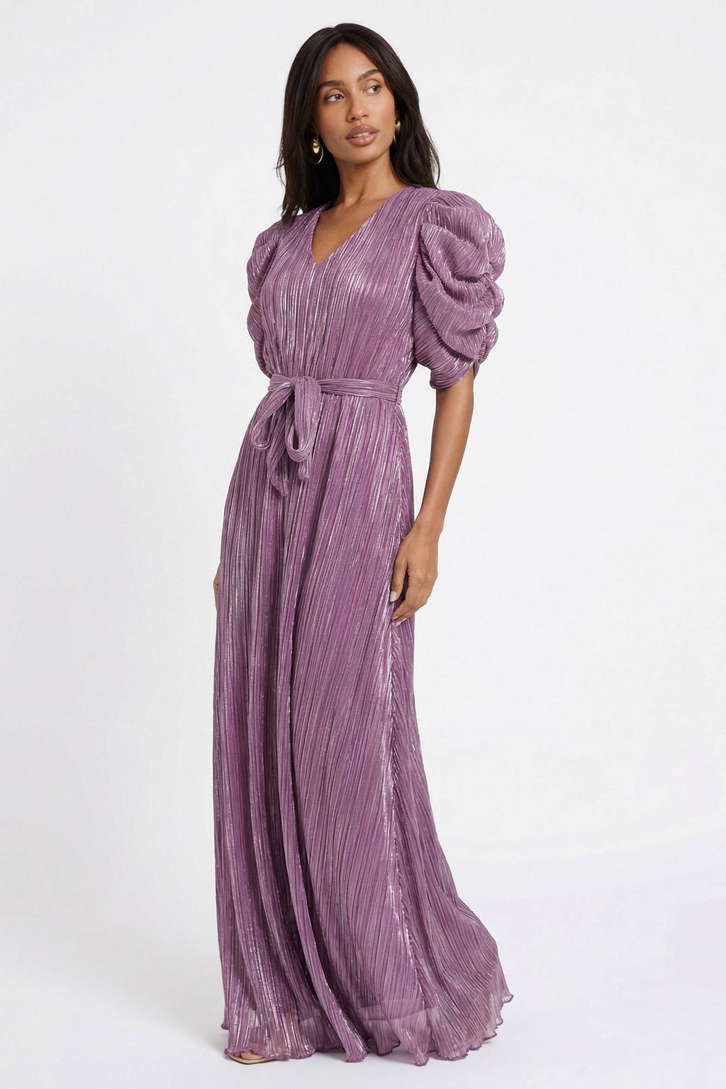Paarse dames Freebird midi jurk van polyester met effen, half lange mouwen, V-hals, striksluiting en glimmend detail