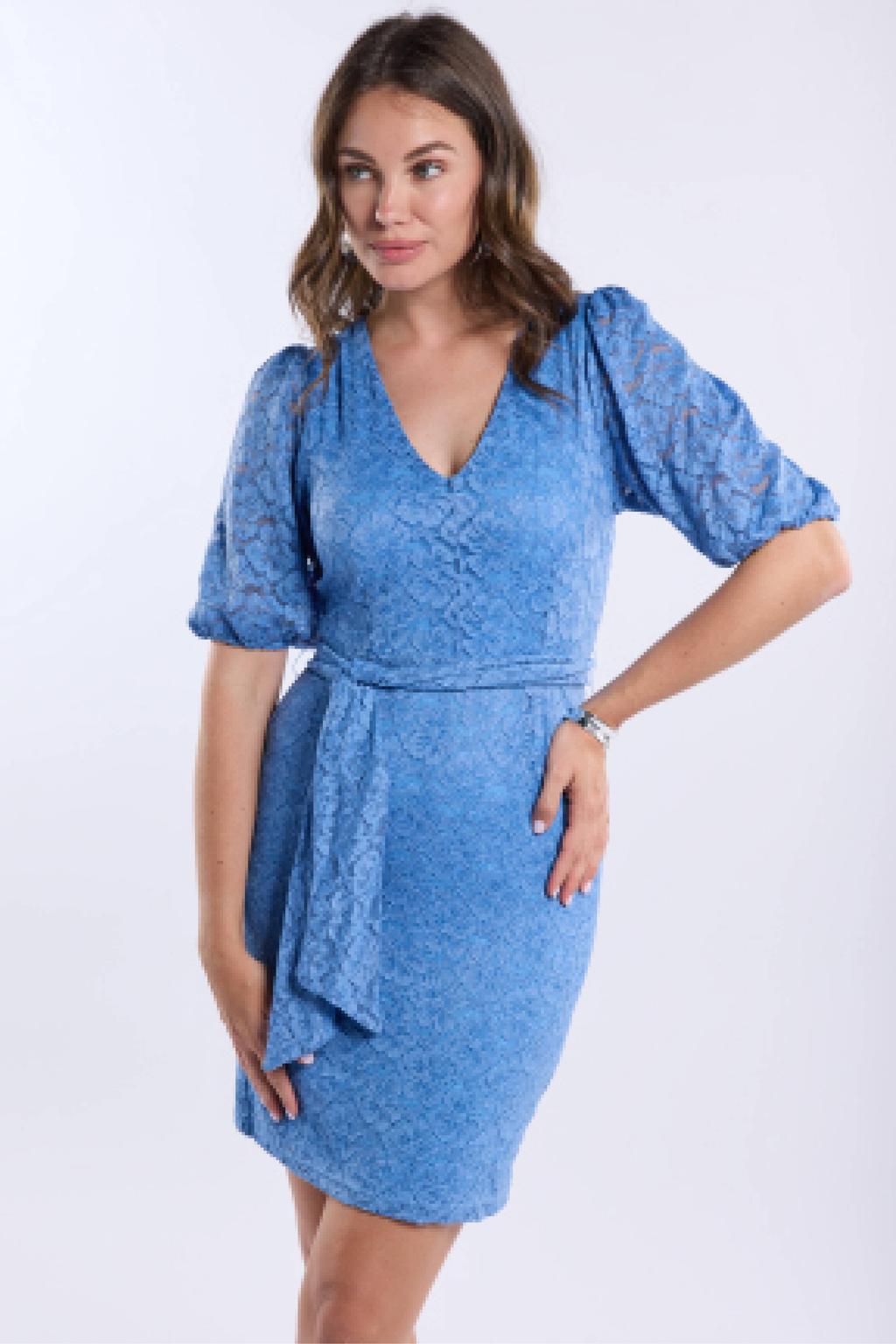 Blauwe dames Freebird gebloemde korte jurk van polyamide met korte mouwen, V-hals en ritssluiting