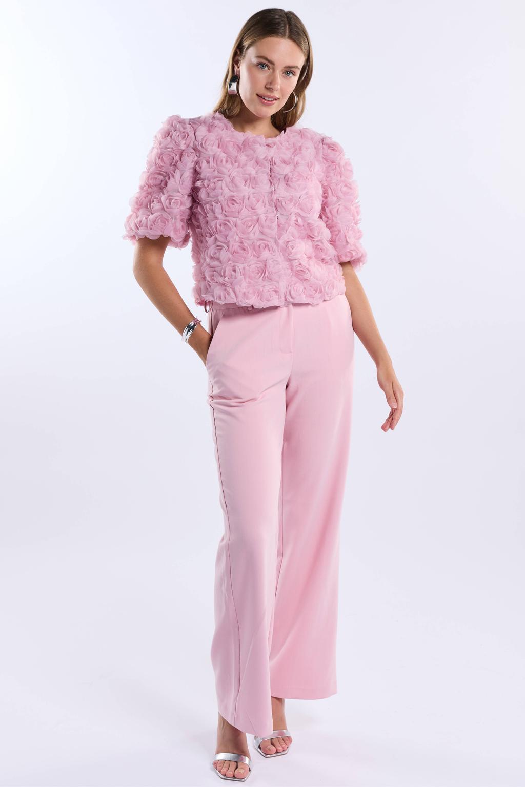 Fuchsia dames Freebird high waist flared broek van viscose met rits- en haaksluiting en effen