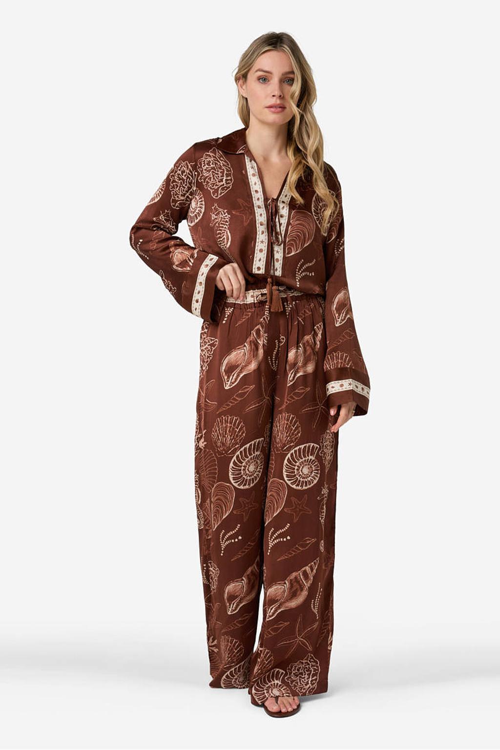 Bruin en ecru dames IBANA wide leg regular waist broek van viscose