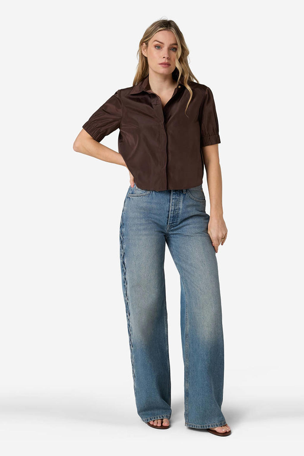 Bruine dames IBANA blouse van polyester met effen, driekwart mouwen, klassieke kraag en knoopsluiting