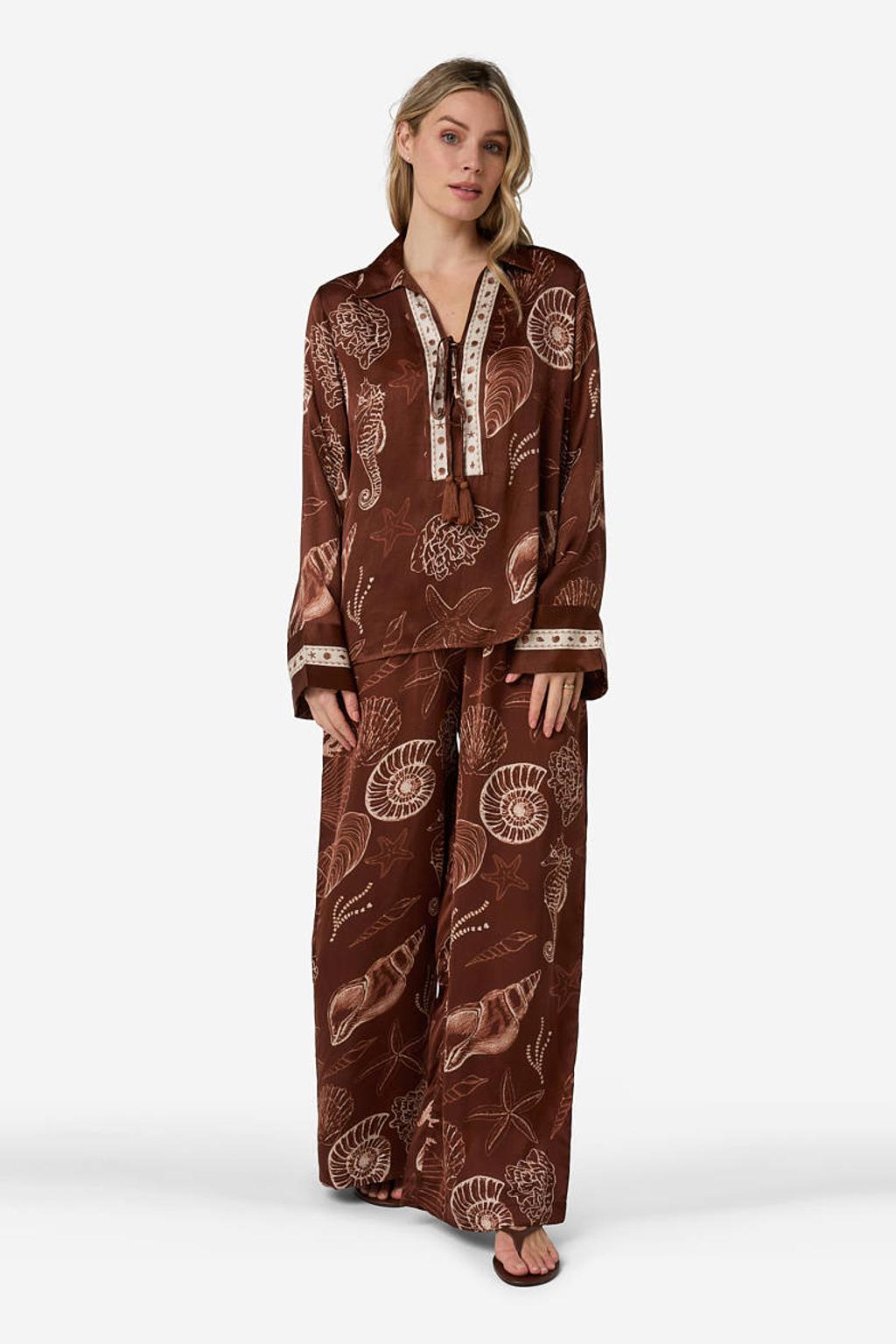 Bruin en ecru dames IBANA top van viscose met lange mouwen en V-hals