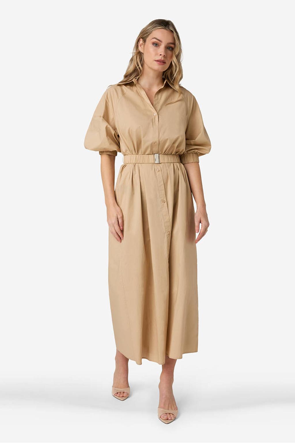 Beige dames IBANA blousejurk van katoen met effen, half lange mouwen, klassieke kraag, knoopsluiting en ceintuur