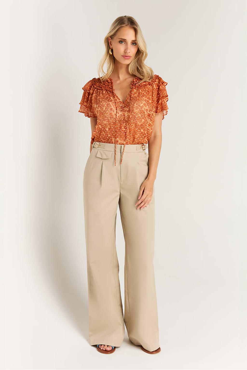 Oranje dames IBANA top print van viscose met paisley print, korte mouwen en V-hals