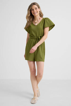 crinkle playsuit met ceintuur olijfgroen
