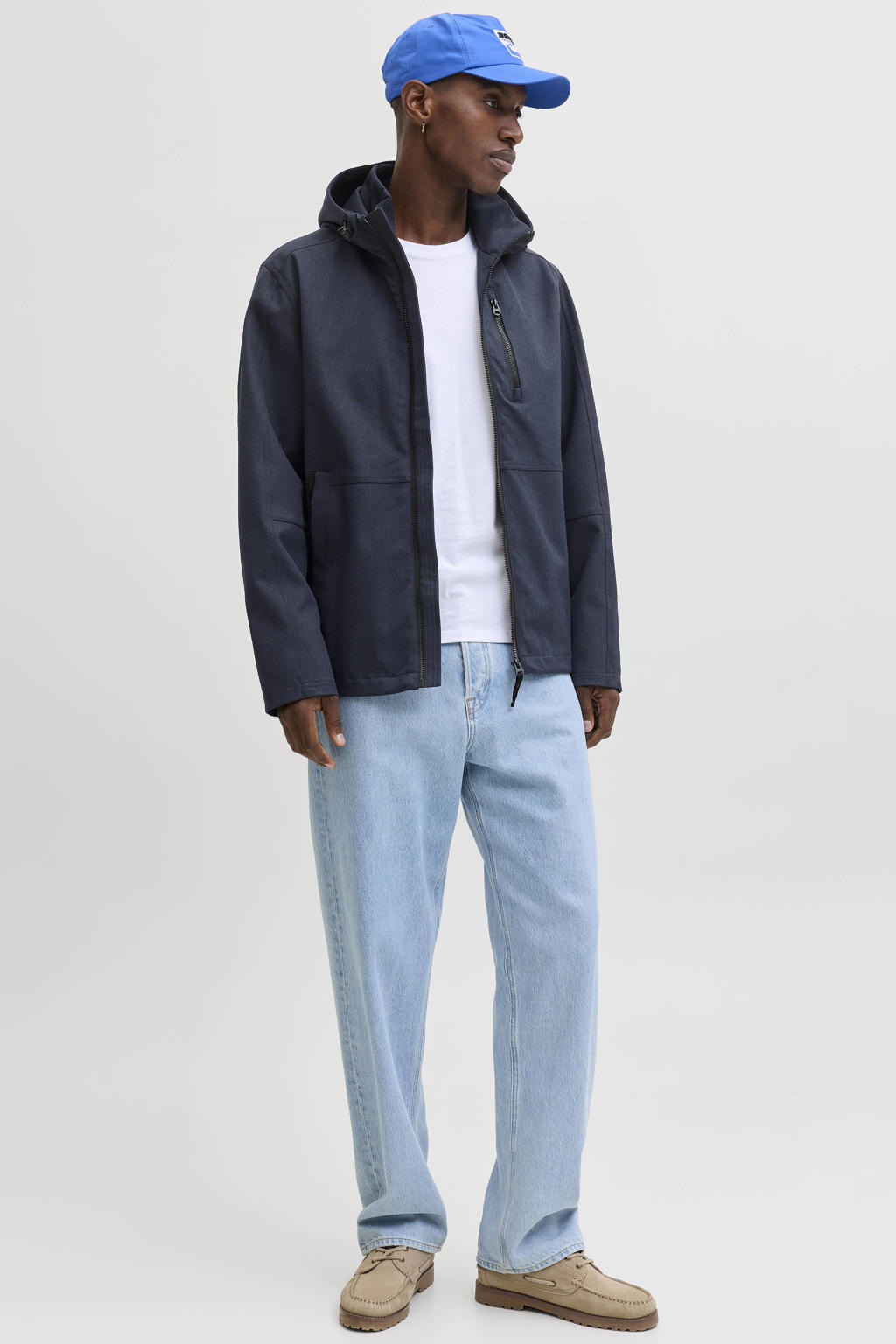 Donkerblauwe heren JACK & JONES ESSENTIALS tussenjas van polyester met effen, lange mouwen, capuchon, ritssluiting en gebreide details