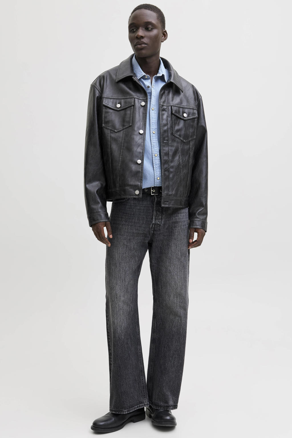 Light blue denim heren JACK & JONES ESSENTIALS regular casual overhemd van denim met effen, lange mouwen, klassieke kraag en drukknoopsluiting