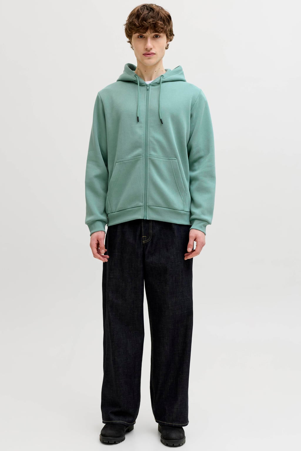 Turquoise heren JACK & JONES ESSENTIALS sweatvest met effen, lange mouwen, capuchon, ritssluiting en geribde boorden