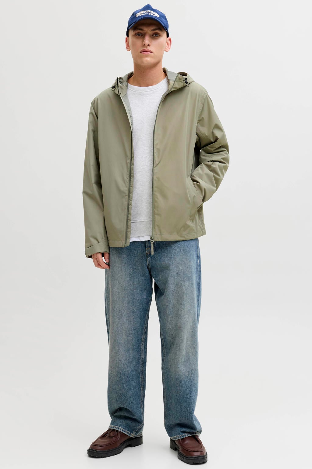 Lichtkaki heren JACK & JONES ESSENTIALS tussenjas van polyester met effen, lange mouwen, capuchon en ritssluiting