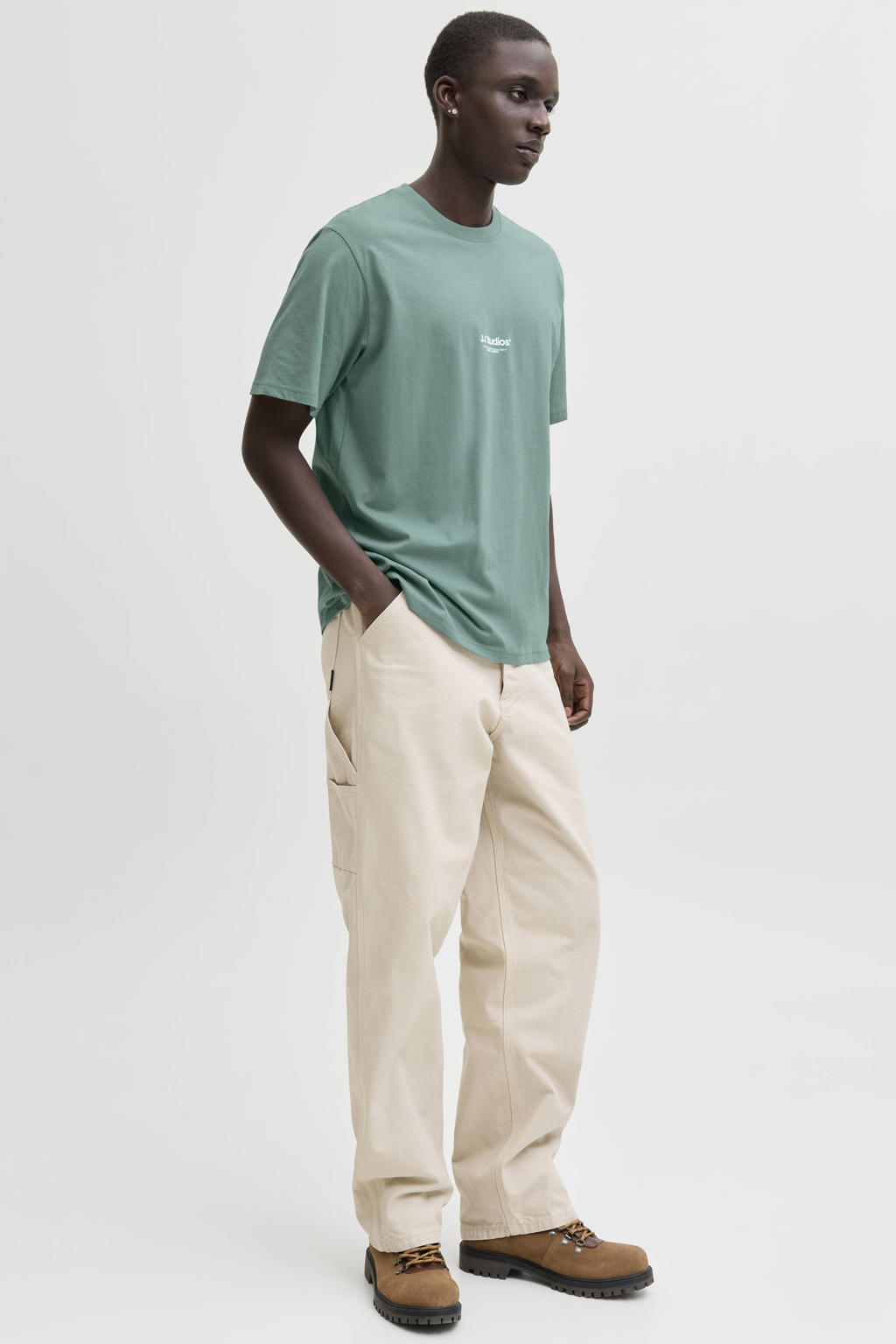 Turquoise heren JACK & JONES ESSENTIALS relaxed T-shirt van katoen met printopdruk, korte mouwen en ronde hals
