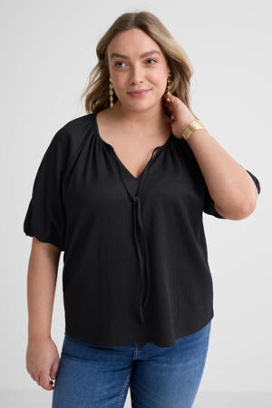 crinkle top met strikkraag zwart