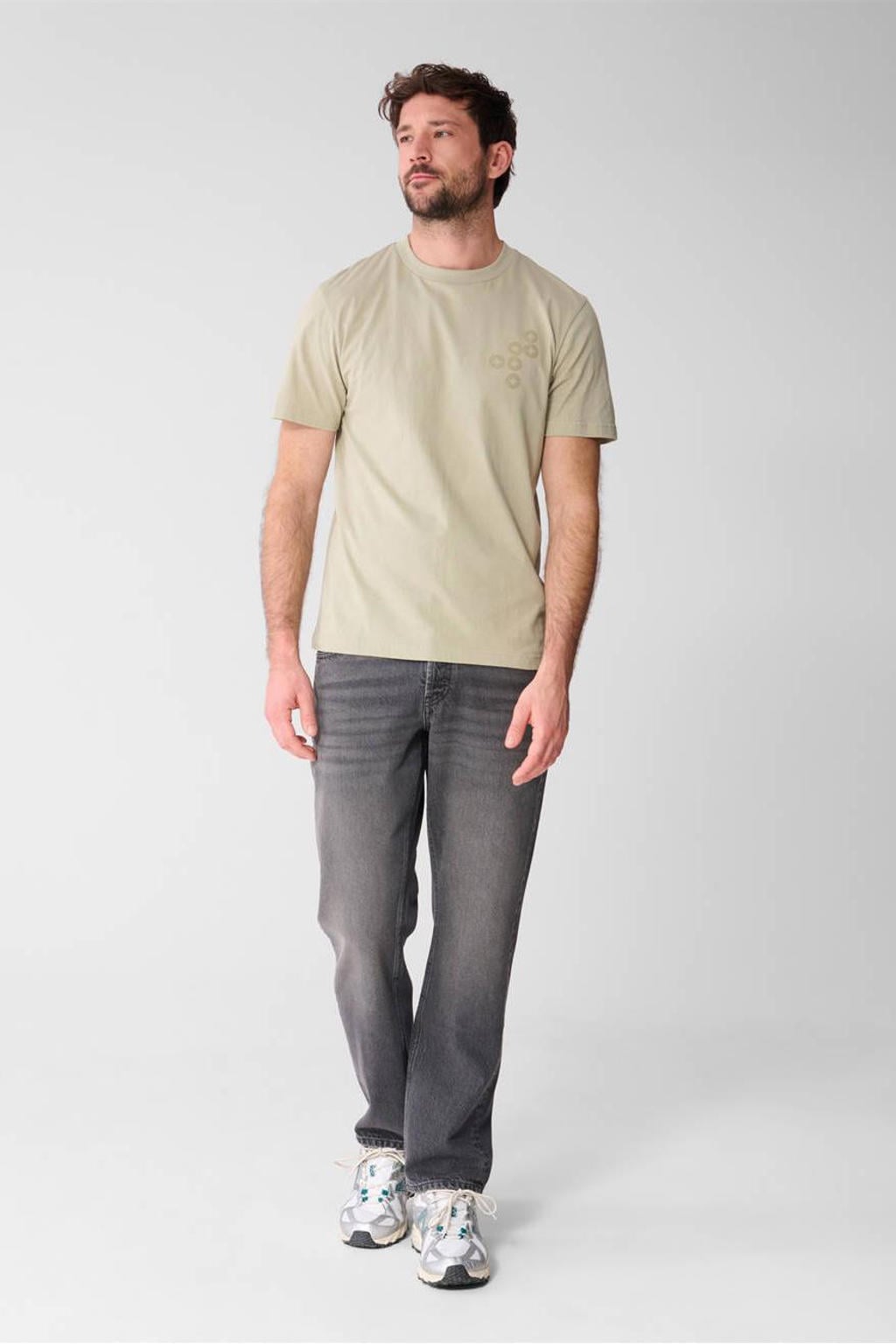 Lichtgroene heren Shoeby regular T-shirt van katoen met logo dessin, korte mouwen en ronde hals