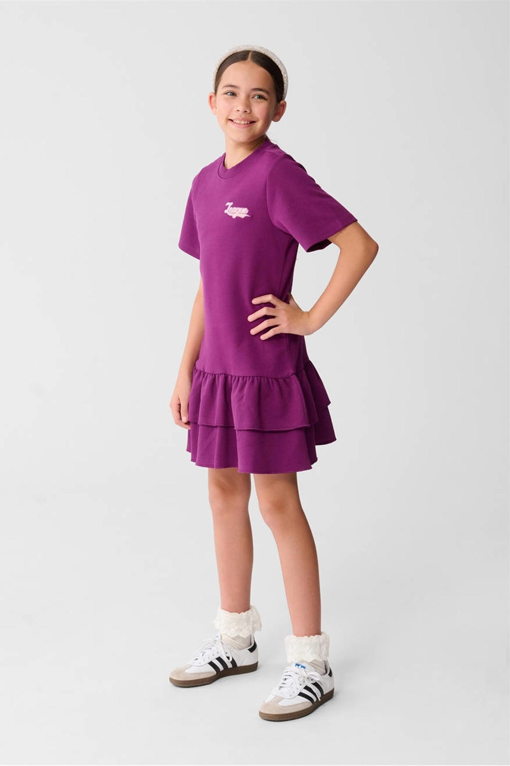 Paarse meisjes Shoeby t-shirtjurk van katoen met effen, korte mouwen, ronde hals en ruches