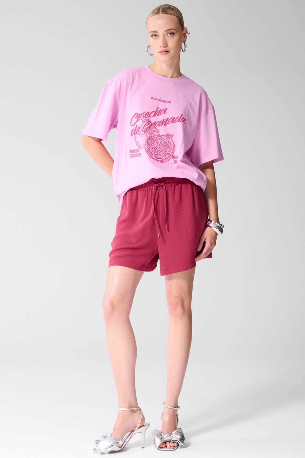 Roze dames Shoeby high waist straight leg casual short met elastische tailleband met koord en effen