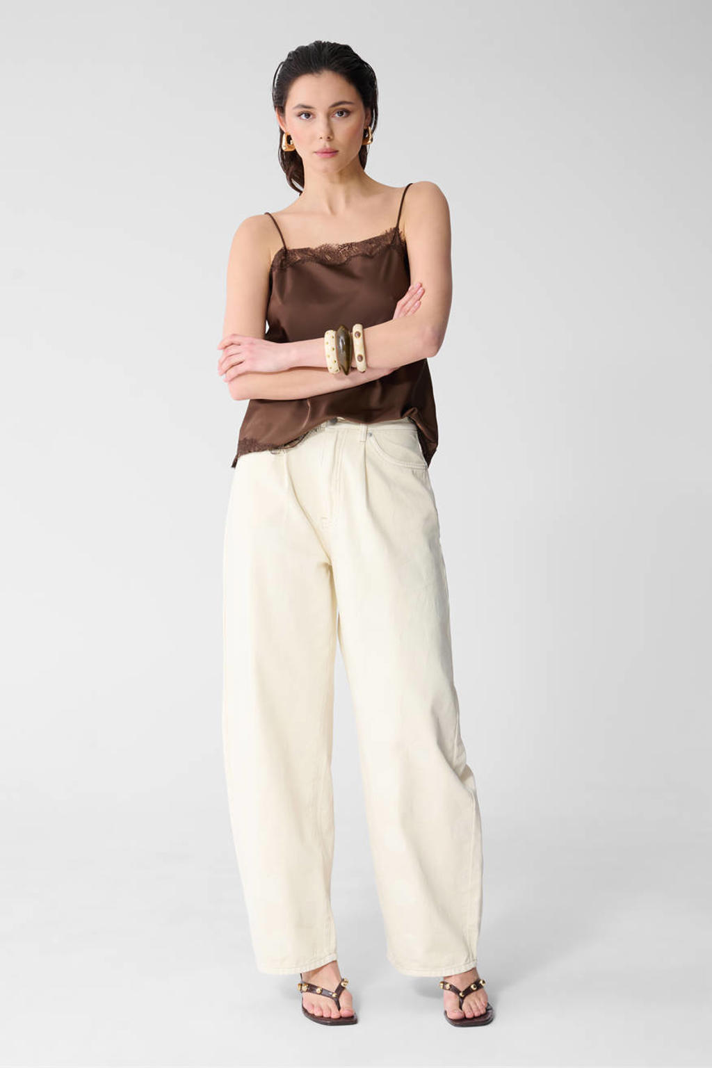 Ecru dames Shoeby Studio balloon jeans van denim met high waist, rits- en knoopsluiting en effen