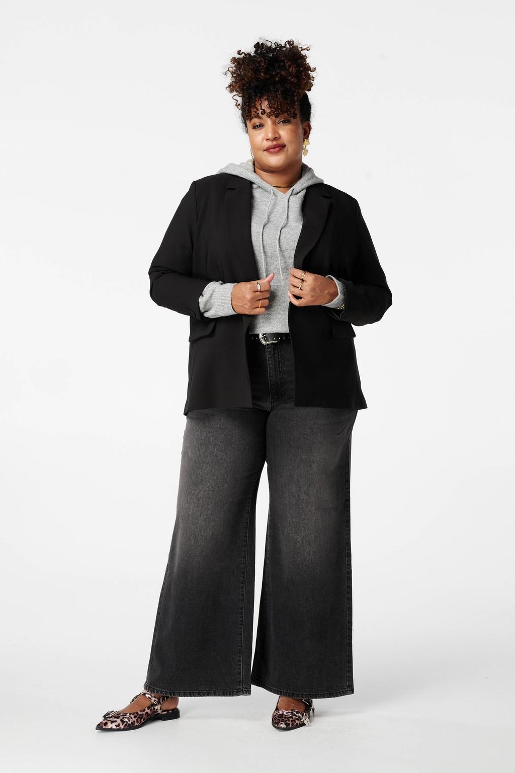 Zwarte dames MS Mode regular blazer van polyester met effen, lange mouwen, klassieke kraag en knoopsluiting
