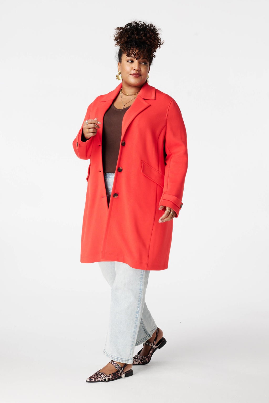 Rode dames MS Mode manteljas van polyester met effen, lange mouwen en reverskraag