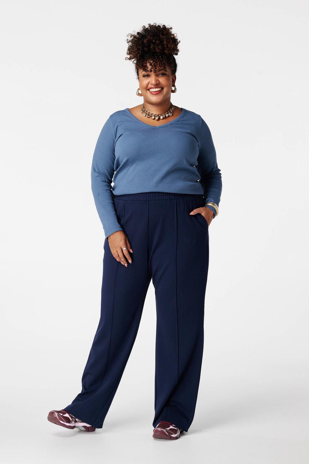 Donkerblauwe dames MS Mode pantalon van katoen met wijde pijpen, high waist, elastische tailleband en effen