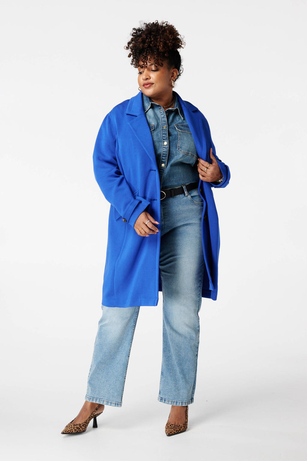Blauwe dames MS Mode manteljas van polyester met effen, lange mouwen en reverskraag