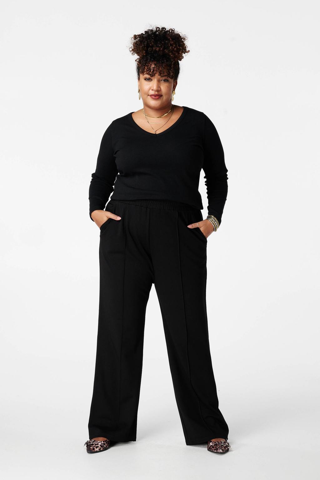 Zwarte dames MS Mode top met effen, lange mouwen, klassieke kraag en rib gebreide details