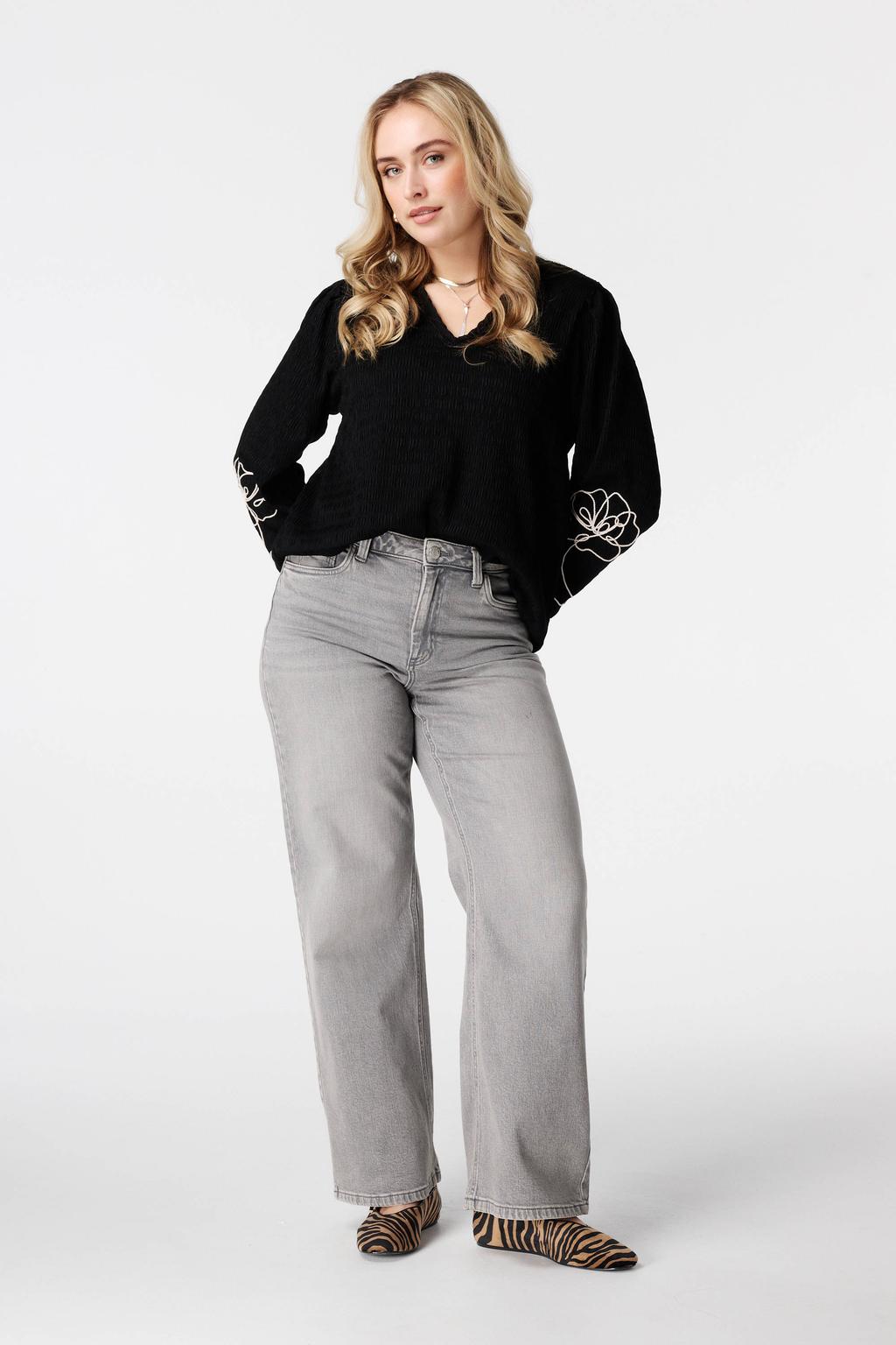 Zwarte dames MS Mode top van polyester met effen, lange mouwen, klassieke kraag en borduursels