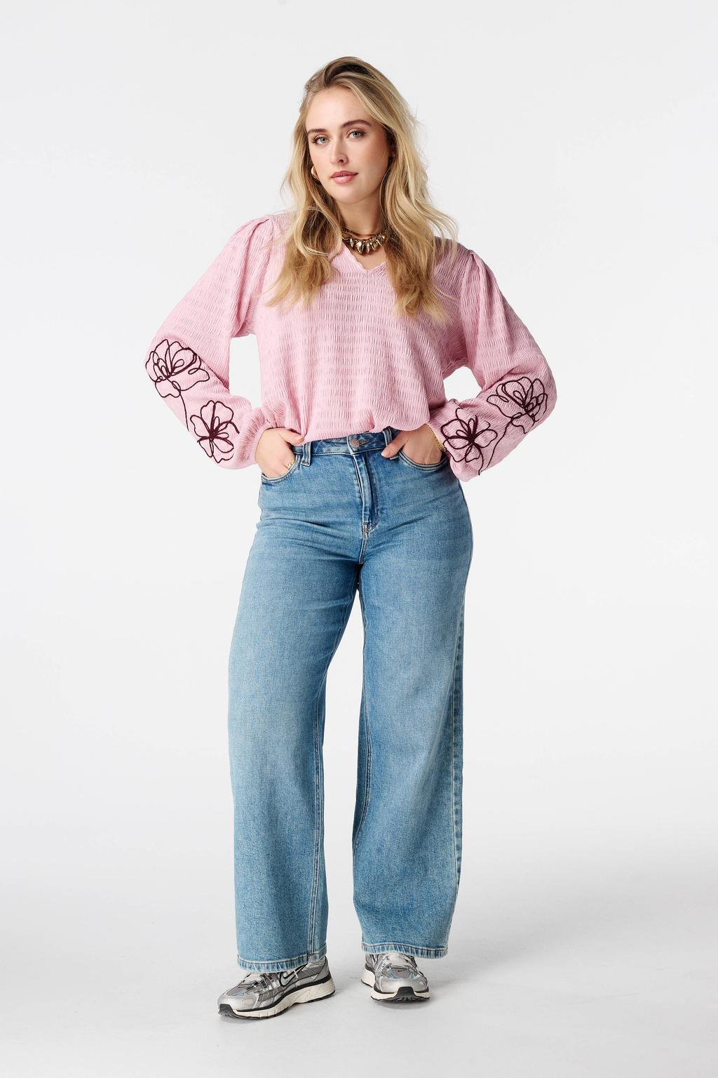 Lichtroze dames MS Mode top van polyester met effen, lange mouwen, klassieke kraag en borduursels