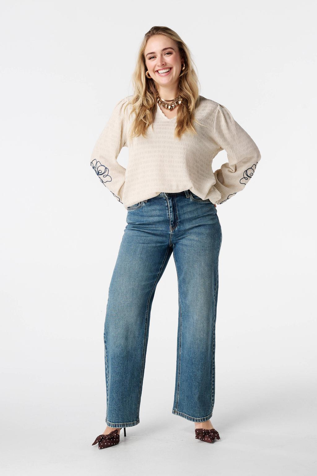 Beige dames MS Mode top van polyester met effen, lange mouwen, klassieke kraag en borduursels