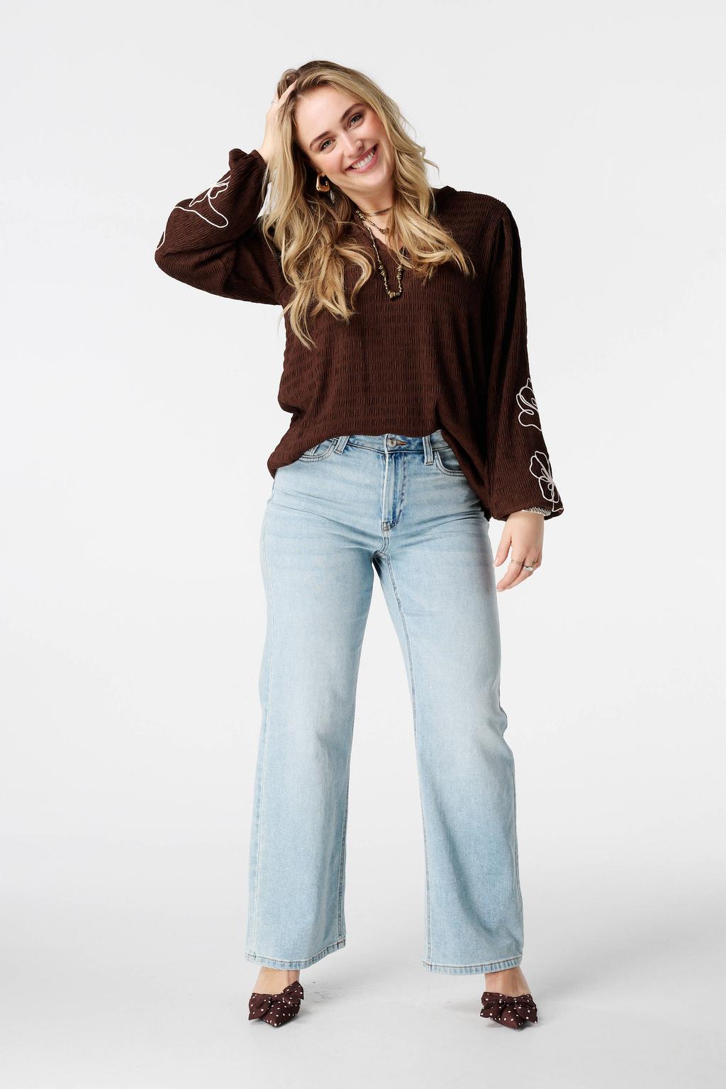 Bruine dames MS Mode top van polyester met effen, lange mouwen, klassieke kraag en borduursels