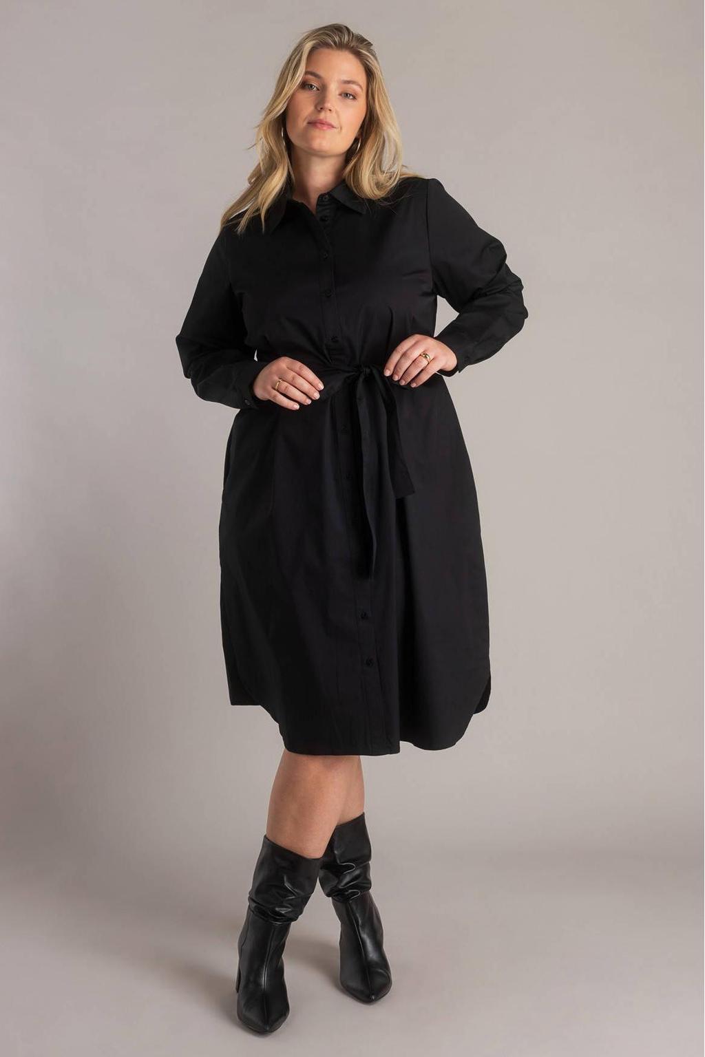 Zwarte dames Yest Curve blousejurk van katoen met effen, lange mouwen, klassieke kraag, knoopsluiting en ceintuur